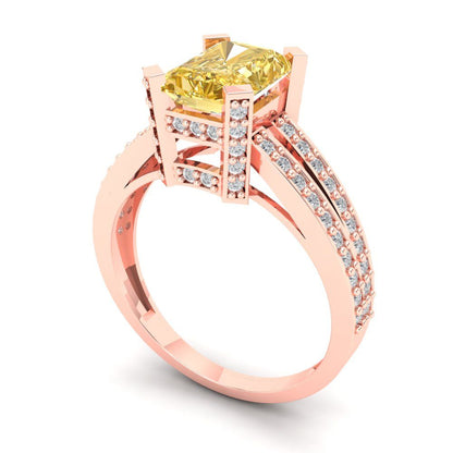 2.45 cttw Yellow Moissanite Solitaire with Zirconia Simulated Diamond Accents Engagement Ring - Solid Rose Gold (VVS1, Emerald Cut,8x6mm)