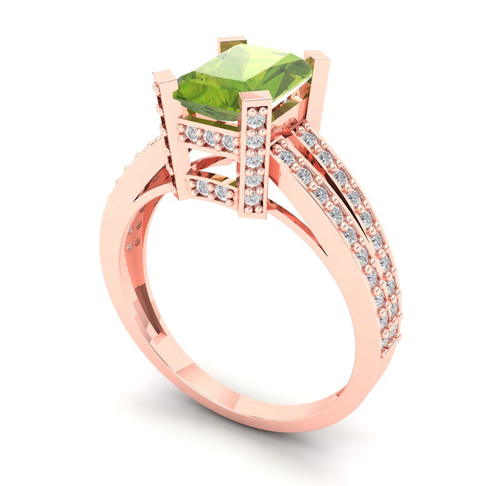 2.45 cttw Natural Peridot Solitaire with Zirconia Simulated Diamond Accents Engagement Ring - Solid Rose Gold (VVS1, Emerald Cut,8x6mm)