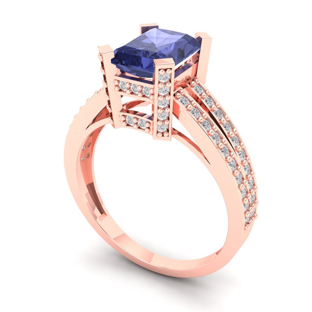 2.45 cttw Simulated Tanzanite Solitaire with Zirconia Simulated Diamond Accents Engagement Ring - Solid Gold (Emerald Cut,8x6mm)