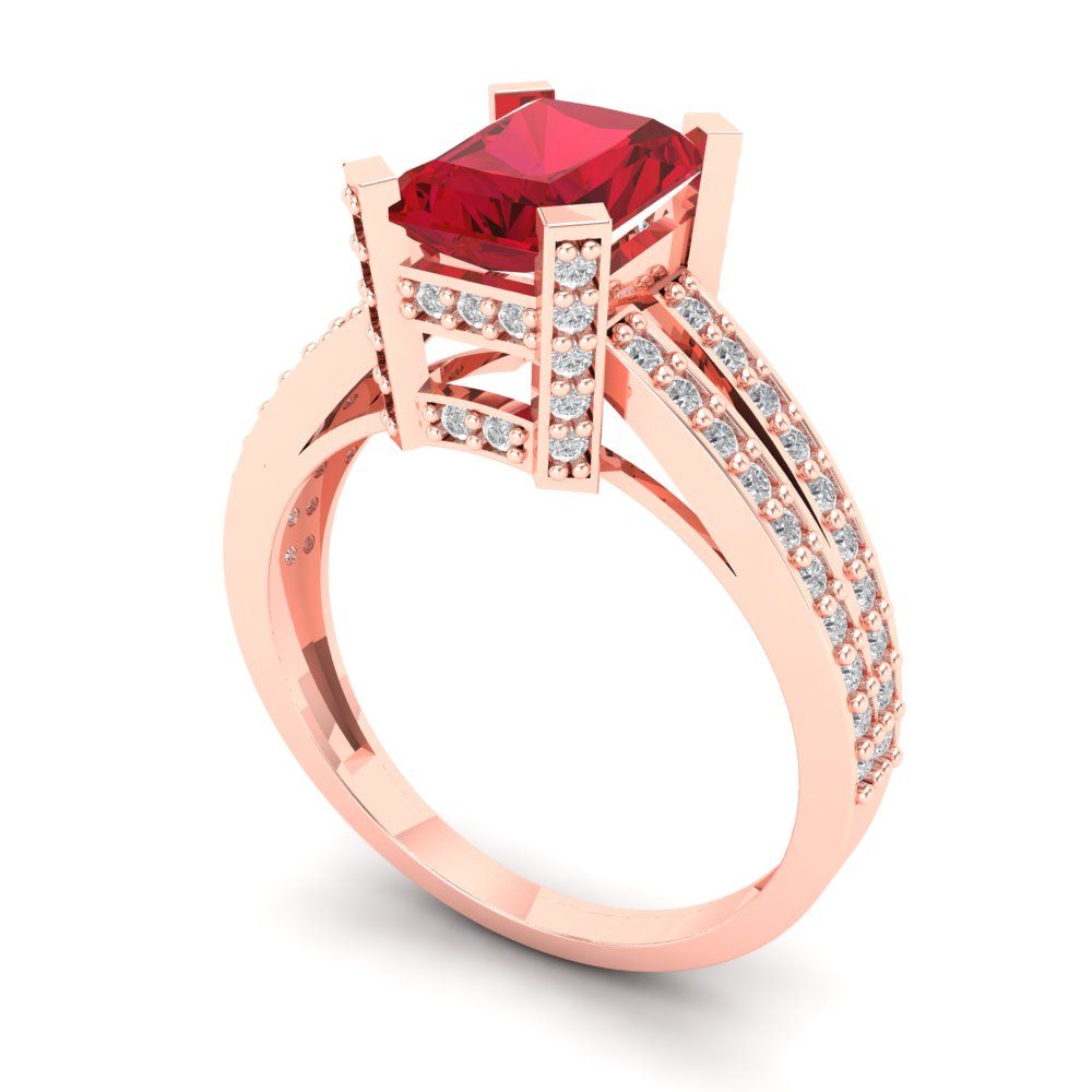2.45 cttw Simulated Ruby Solitaire with Zirconia Simulated Diamond Accents Engagement Ring - Solid Rose Gold (VVS1, Emerald Cut,8x6mm)