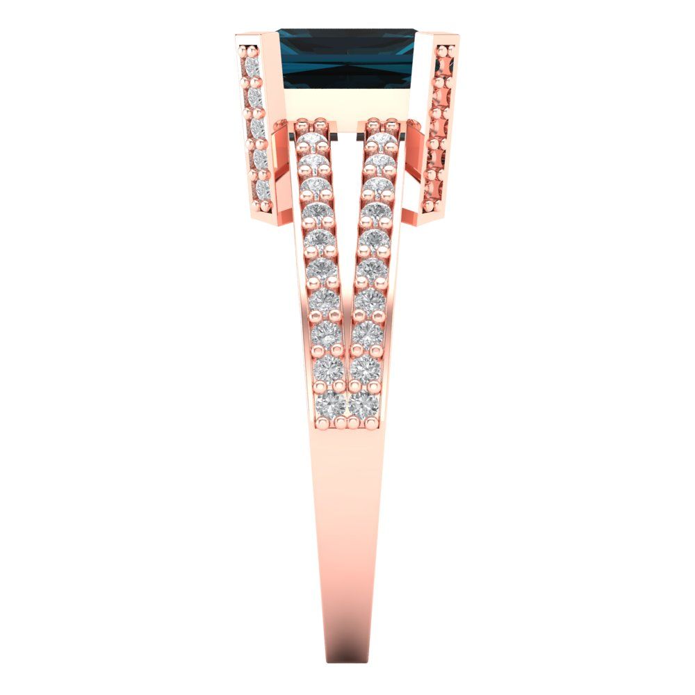 2.45 cttw Natural London Blue Topaz Solitaire with Zirconia Simulated Diamond Accents Engagement Ring - Solid Gold (Emerald Cut,8x6mm)