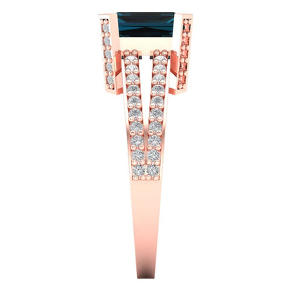 2.45 cttw Natural London Blue Topaz Solitaire with Zirconia Simulated Diamond Accents Engagement Ring - Solid Gold (Emerald Cut,8x6mm)