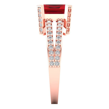 2.45 cttw Simulated Ruby Solitaire with Zirconia Simulated Diamond Accents Engagement Ring - Solid Rose Gold (VVS1, Emerald Cut,8x6mm)