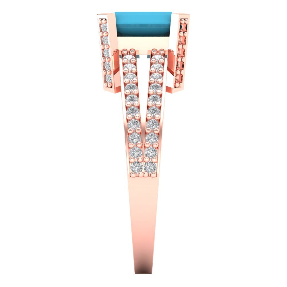 2.45 cttw Simulated Turquoise Solitaire with Zirconia Simulated Diamond Accents Engagement Ring - Solid Rose Gold (VVS1, Emerald Cut,8x6mm)