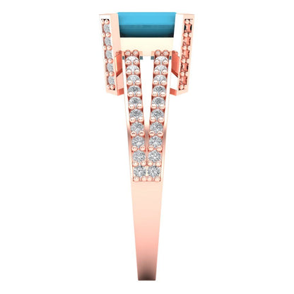 2.45 cttw Simulated Turquoise Solitaire with Zirconia Simulated Diamond Accents Engagement Ring - Solid Rose Gold (VVS1, Emerald Cut,8x6mm)