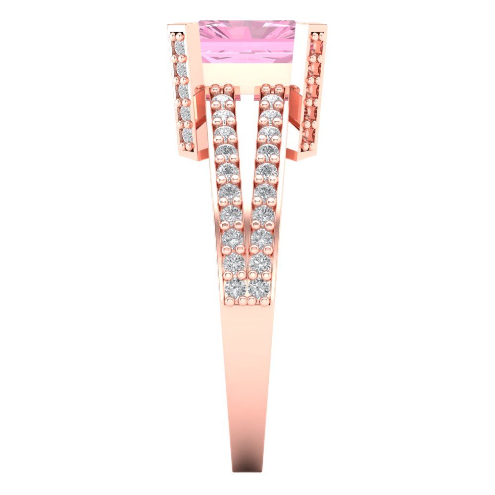 2.45 cttw Zirconia Simulated Pink Diamond Solitaire with Zirconia Simulated Diamond Accents Engagement Ring - Solid Gold (VVS1, Emerald Cut,8x6mm)