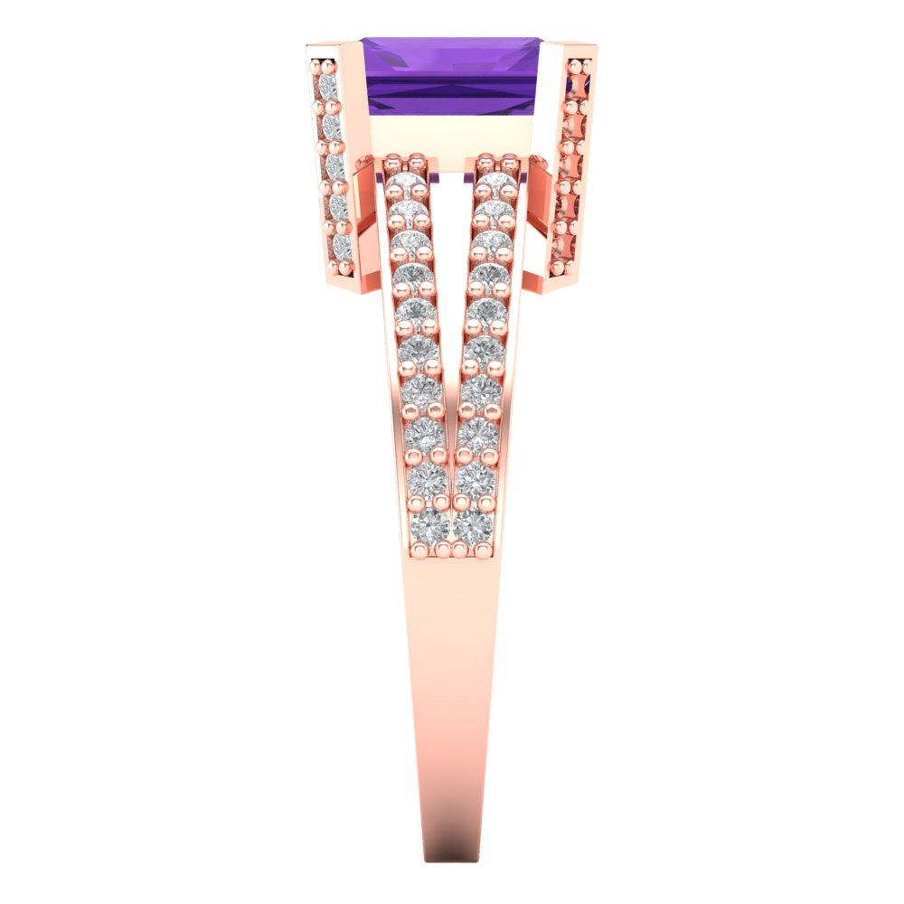 2.45 cttw Natural Amethyst Solitaire with Zirconia Simulated Diamond Accents Engagement Ring - Solid Gold (Emerald Cut,8x6mm)