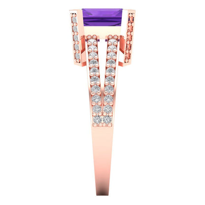2.45 cttw Natural Amethyst Solitaire with Zirconia Simulated Diamond Accents Engagement Ring - Solid Gold (Emerald Cut,8x6mm)
