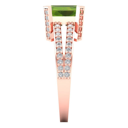 2.45 cttw Natural Peridot Solitaire with Zirconia Simulated Diamond Accents Engagement Ring - Solid Rose Gold (VVS1, Emerald Cut,8x6mm)