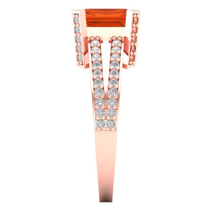 2.45 cttw Zirconia Simulated Red Diamond Solitaire with Zirconia Simulated Diamond Accents Engagement Ring - Solid Rose Gold (VVS1, Emerald Cut,8x6mm)