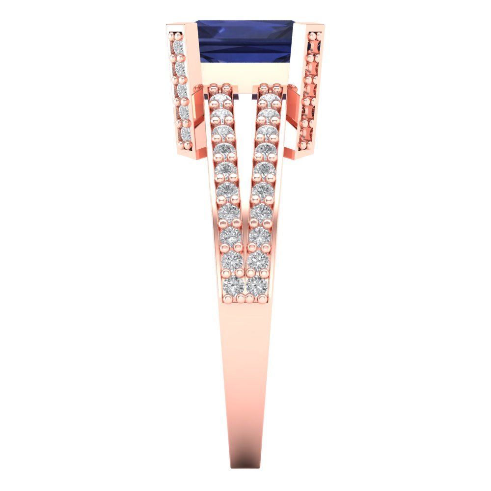 2.45 cttw Simulated Blue Sapphire Solitaire with Zirconia Simulated Diamond Accents Engagement Ring - Solid Rose Gold (VVS1, Emerald Cut,8x6mm)