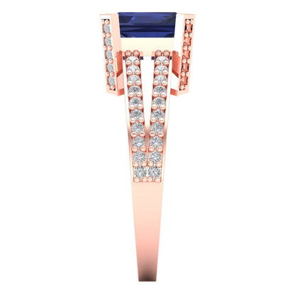 2.45 cttw Simulated Blue Sapphire Solitaire with Zirconia Simulated Diamond Accents Engagement Ring - Solid Rose Gold (VVS1, Emerald Cut,8x6mm)