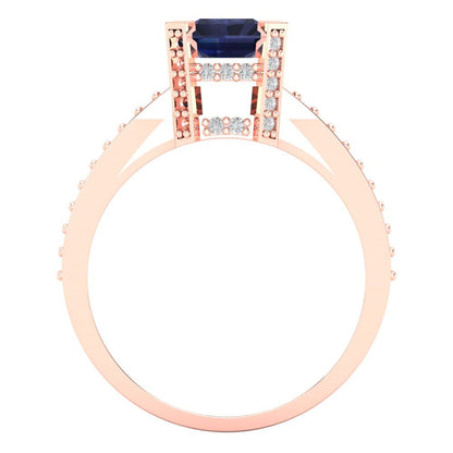 2.45 cttw Simulated Blue Sapphire Solitaire with Zirconia Simulated Diamond Accents Engagement Ring - Solid Rose Gold (VVS1, Emerald Cut,8x6mm)