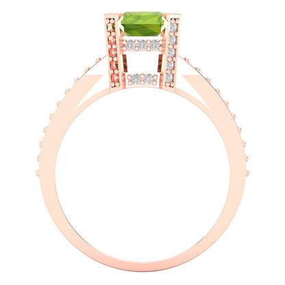 2.45 cttw Natural Peridot Solitaire with Zirconia Simulated Diamond Accents Engagement Ring - Solid Rose Gold (VVS1, Emerald Cut,8x6mm)