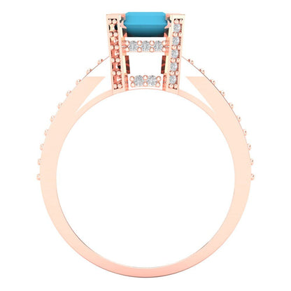 2.45 cttw Simulated Turquoise Solitaire with Zirconia Simulated Diamond Accents Engagement Ring - Solid Rose Gold (VVS1, Emerald Cut,8x6mm)