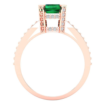 2.45 cttw Simulated Emerald Solitaire with Zirconia Simulated Diamond Accents Engagement Ring - Solid Gold (Emerald Cut,8x6mm)