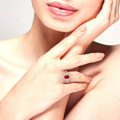 2.45 cttw Simulated Ruby Solitaire with Zirconia Simulated Diamond Accents Engagement Ring - Solid Rose Gold (VVS1, Emerald Cut,8x6mm)