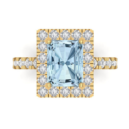 3.84 cttw Natural Swiss Blue Topaz Solitaire with Zirconia Simulated Diamond Accents Engagement Ring - Solid Gold (Emerald Cut,9x7mm)