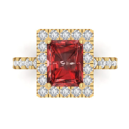 3.84 cttw Natural Garnet Solitaire with Zirconia Simulated Diamond Accents Engagement Ring - Solid Gold (Emerald Cut,9x7mm)