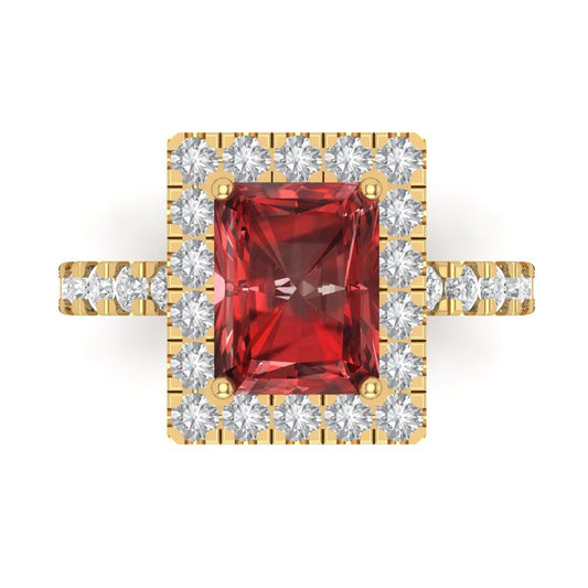 3.84 cttw Natural Garnet Solitaire with Zirconia Simulated Diamond Accents Engagement Ring - Solid Yellow Gold (VVS1, Emerald Cut,9x7mm)