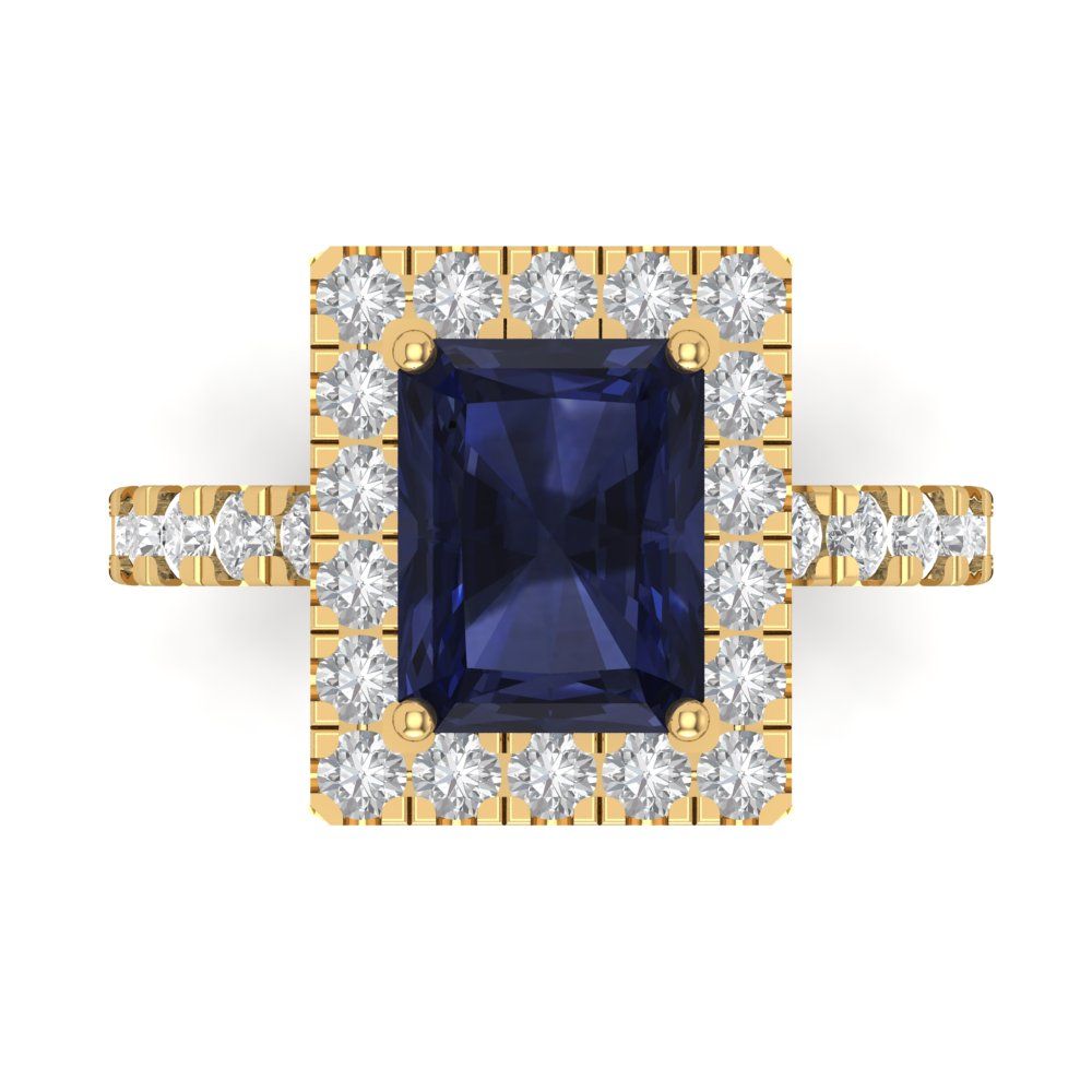 3.84 cttw Simulated Blue Sapphire Solitaire with Zirconia Simulated Diamond Accents Engagement Ring - Solid Gold (Emerald Cut,9x7mm)