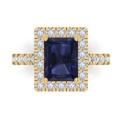 3.84 cttw Simulated Blue Sapphire Solitaire with Zirconia Simulated Diamond Accents Engagement Ring - Solid Gold (Emerald Cut,9x7mm)