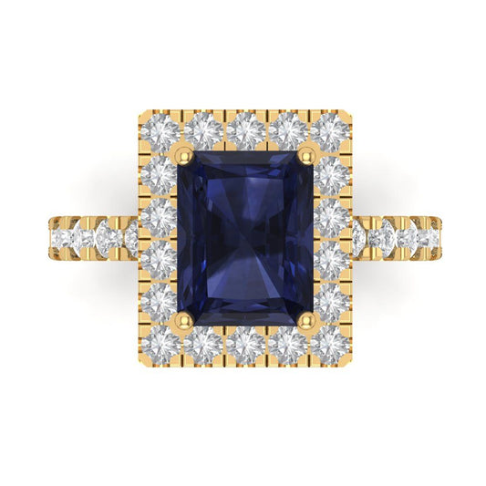 3.84 cttw Simulated Blue Sapphire Solitaire with Zirconia Simulated Diamond Accents Engagement Ring - Solid Yellow Gold (VVS1, Emerald Cut,9x7mm)