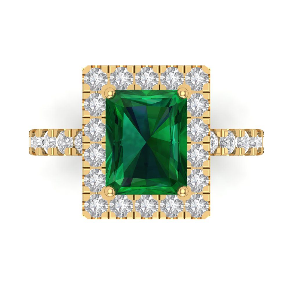 3.84 cttw Simulated Emerald Solitaire with Zirconia Simulated Diamond Accents Engagement Ring - Solid Gold (Emerald Cut,9x7mm)