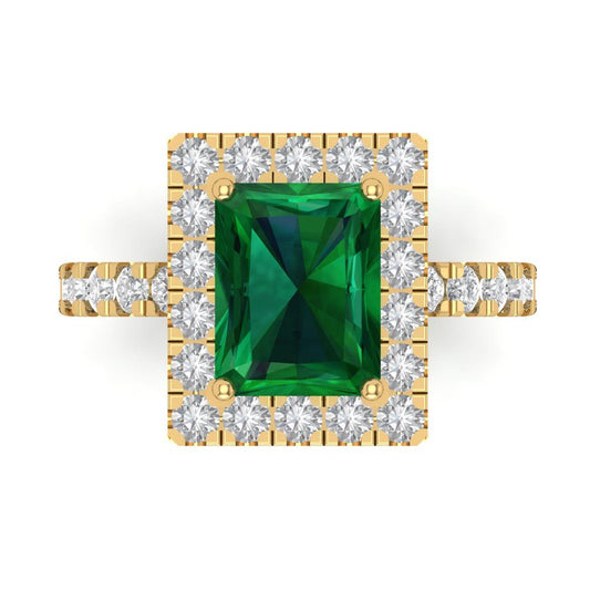 3.84 cttw Simulated Emerald Solitaire with Zirconia Simulated Diamond Accents Engagement Ring - Solid Yellow Gold (VVS1, Emerald Cut,9x7mm)