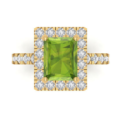 3.84 cttw Natural Peridot Solitaire with Zirconia Simulated Diamond Accents Engagement Ring - Solid Gold (Emerald Cut,9x7mm)