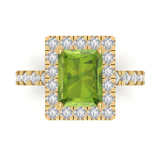 3.84 cttw Natural Peridot Solitaire with Zirconia Simulated Diamond Accents Engagement Ring - Solid Yellow Gold (VVS1, Emerald Cut,9x7mm)
