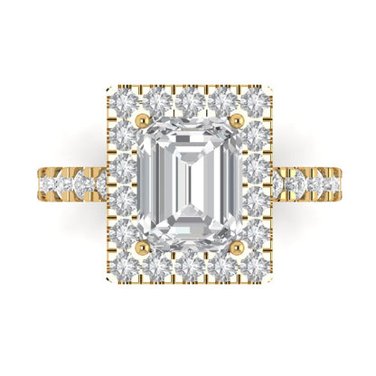 3.84 cttw Moissanite Solitaire with Zirconia Simulated Diamond Accents Engagement Ring - Solid Yellow Gold (VVS1, Emerald Cut,9x7mm)