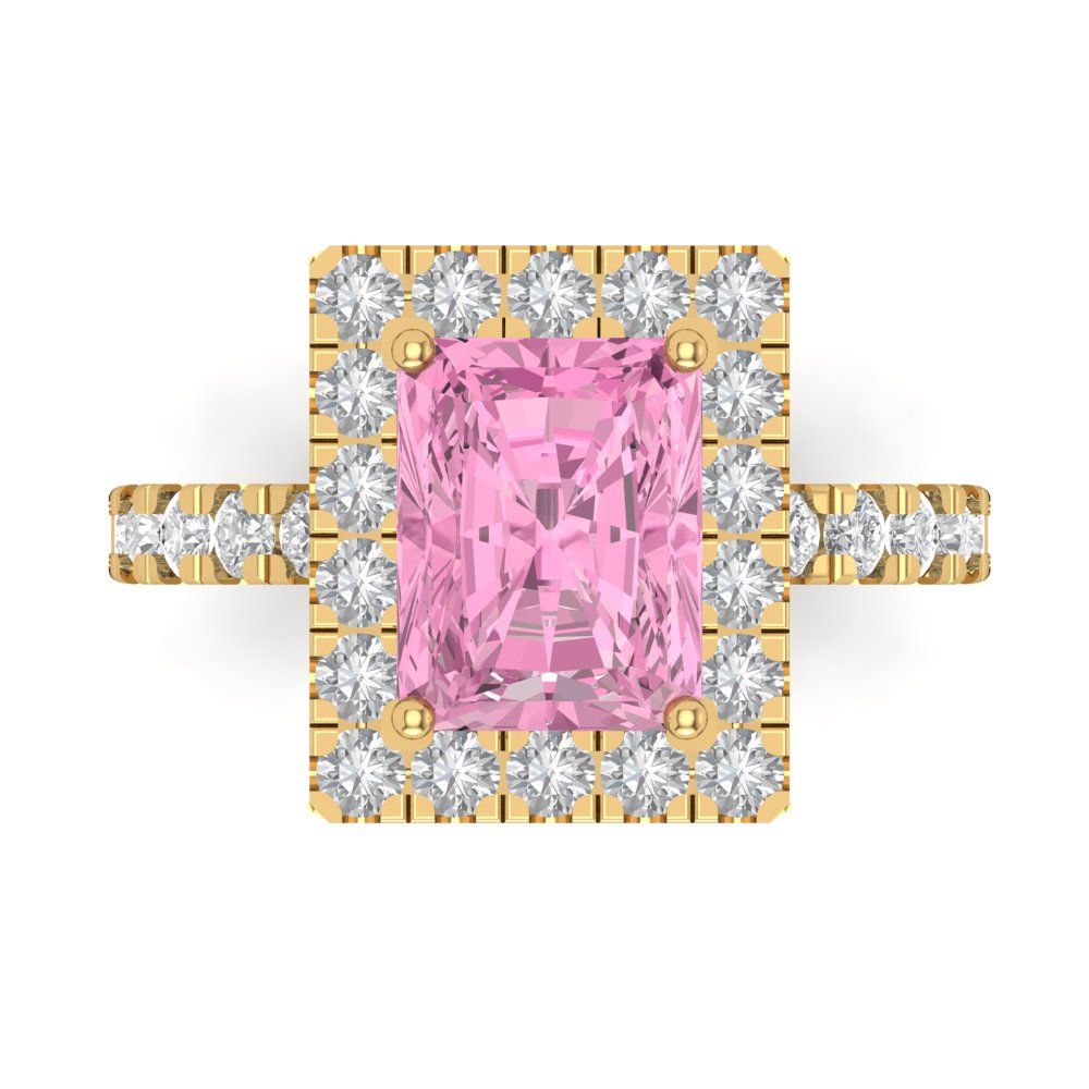 3.84 cttw Zirconia Simulated Pink Diamond Solitaire with Zirconia Simulated Diamond Accents Engagement Ring - Solid Yellow Gold (VVS1, Emerald Cut,9x7mm)