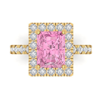 3.84 cttw Zirconia Simulated Pink Diamond Solitaire with Zirconia Simulated Diamond Accents Engagement Ring - Solid Yellow Gold (VVS1, Emerald Cut,9x7mm)