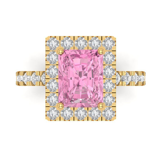 3.84 cttw Zirconia Simulated Pink Diamond Solitaire with Zirconia Simulated Diamond Accents Engagement Ring - Solid Yellow Gold (VVS1, Emerald Cut,9x7mm)