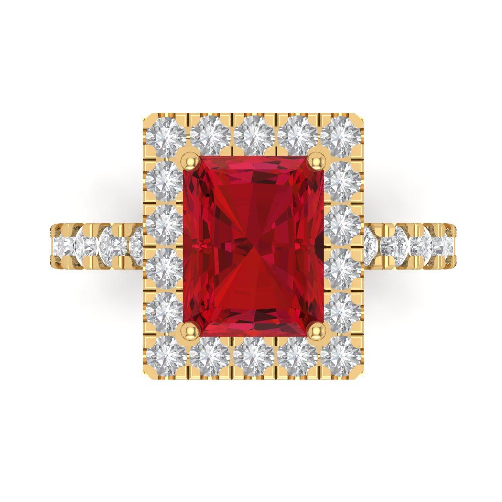 3.84 cttw Simulated Ruby Solitaire with Zirconia Simulated Diamond Accents Engagement Ring - Solid Gold (Emerald Cut,9x7mm)