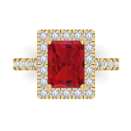 3.84 cttw Simulated Ruby Solitaire with Zirconia Simulated Diamond Accents Engagement Ring - Solid Yellow Gold (VVS1, Emerald Cut,9x7mm)