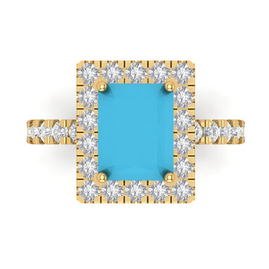 3.84 cttw Simulated Turquoise Solitaire with Zirconia Simulated Diamond Accents Engagement Ring - Solid Yellow Gold (VVS1, Emerald Cut,9x7mm)