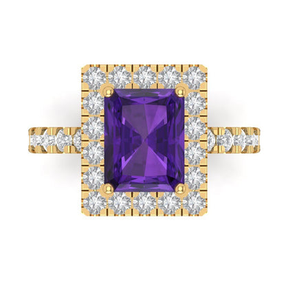 3.84 cttw Natural Amethyst Solitaire with Zirconia Simulated Diamond Accents Engagement Ring - Solid Gold (Emerald Cut,9x7mm)