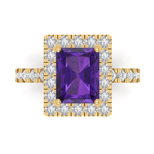 3.84 cttw Natural Amethyst Solitaire with Zirconia Simulated Diamond Accents Engagement Ring - Solid Yellow Gold (VVS1, Emerald Cut,9x7mm)