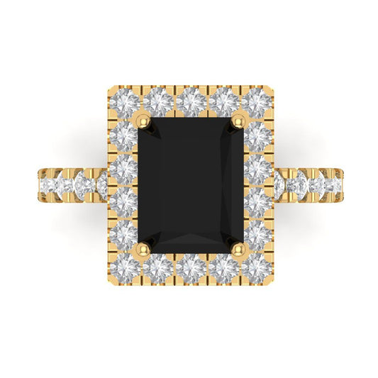 3.84 cttw Natural Onyx Solitaire with Zirconia Simulated Diamond Accents Engagement Ring - Solid Yellow Gold (VVS1, Emerald Cut,9x7mm)