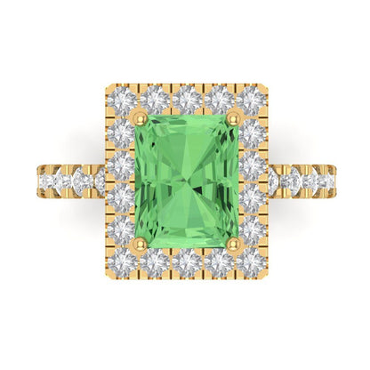 3.84 cttw Zirconia Simulated Green Diamond Solitaire with Zirconia Simulated Diamond Accents Engagement Ring - Solid Yellow Gold (VVS1, Emerald Cut,9x7mm)