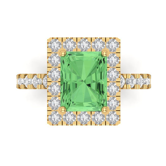 3.84 cttw Zirconia Simulated Green Diamond Solitaire with Zirconia Simulated Diamond Accents Engagement Ring - Solid Yellow Gold (VVS1, Emerald Cut,9x7mm)