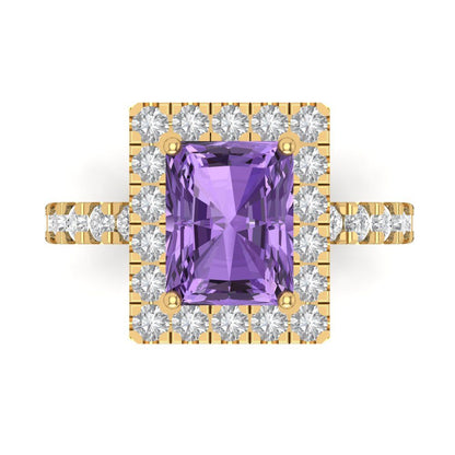 3.84 cttw Simulated Alexandrite Solitaire with Zirconia Simulated Diamond Accents Engagement Ring - Solid Gold (Emerald Cut,9x7mm)