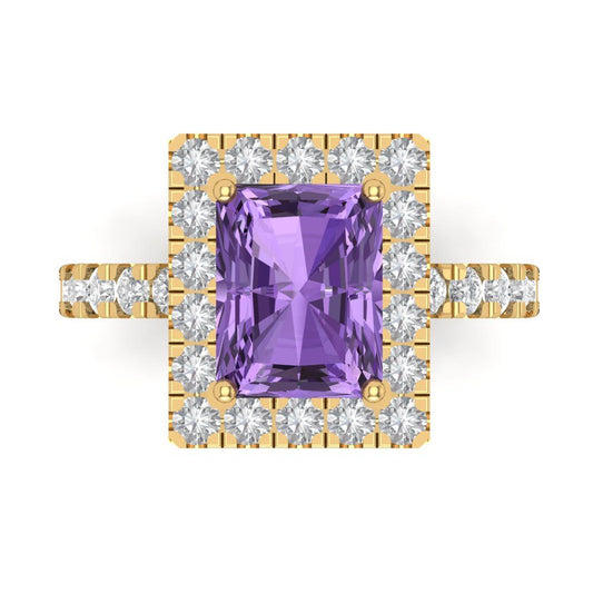 3.84 cttw Simulated Alexandrite Solitaire with Zirconia Simulated Diamond Accents Engagement Ring - Solid Yellow Gold (VVS1, Emerald Cut,9x7mm)