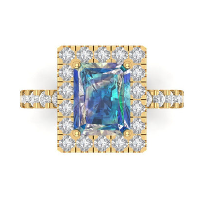 3.84 cttw Blue Moissanite Solitaire with Zirconia Simulated Diamond Accents Engagement Ring - Solid Gold (Emerald Cut,9x7mm)
