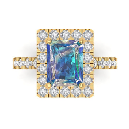 3.84 cttw Blue Moissanite Solitaire with Zirconia Simulated Diamond Accents Engagement Ring - Solid Yellow Gold (VVS1, Emerald Cut,9x7mm)