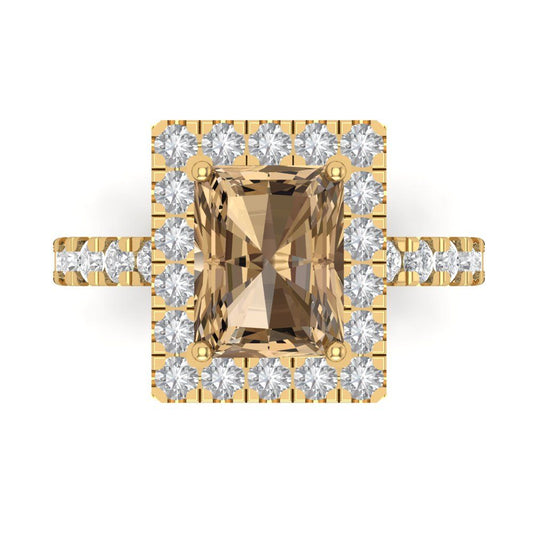 3.84 cttw Zirconia Simulated Champagne Diamond Solitaire with Zirconia Simulated Diamond Accents Engagement Ring - Solid Yellow Gold (VVS1, Emerald Cut,9x7mm)