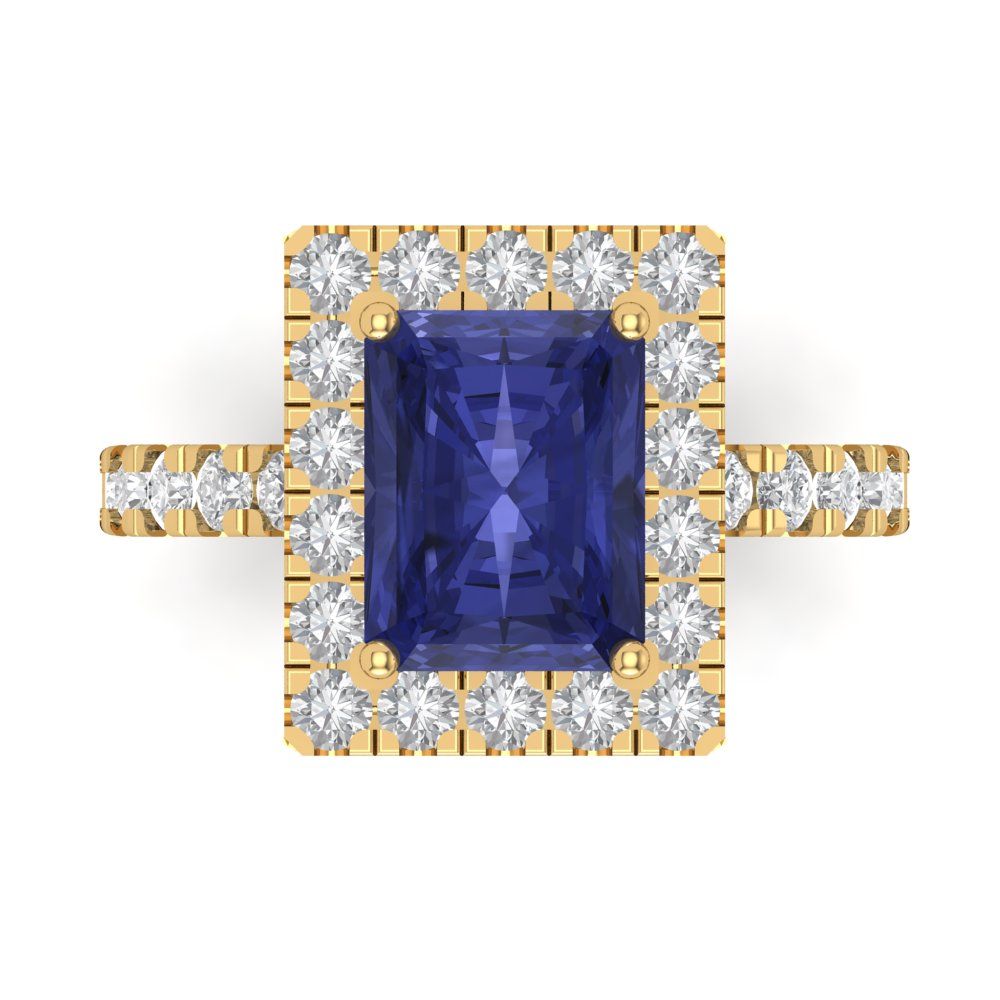 3.84 cttw Simulated Tanzanite Solitaire with Zirconia Simulated Diamond Accents Engagement Ring - Solid Gold (Emerald Cut,9x7mm)