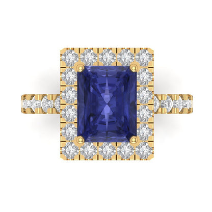 3.84 cttw Simulated Tanzanite Solitaire with Zirconia Simulated Diamond Accents Engagement Ring - Solid Gold (Emerald Cut,9x7mm)